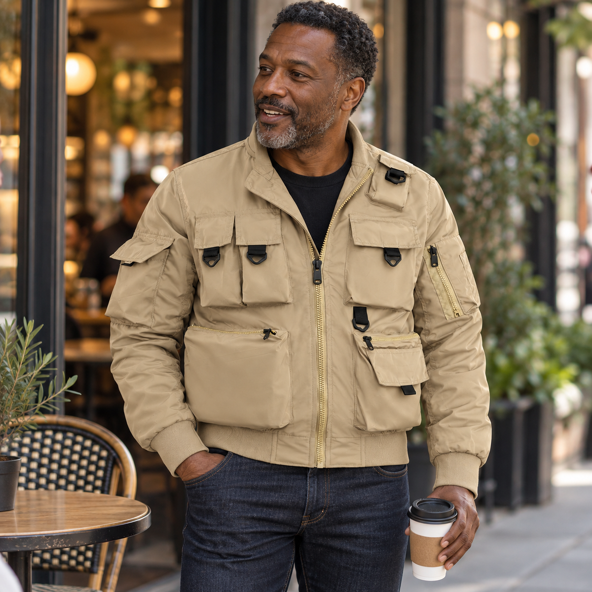 Adult man wearing the khaki Phantom jacket during a relaxed café conversation.