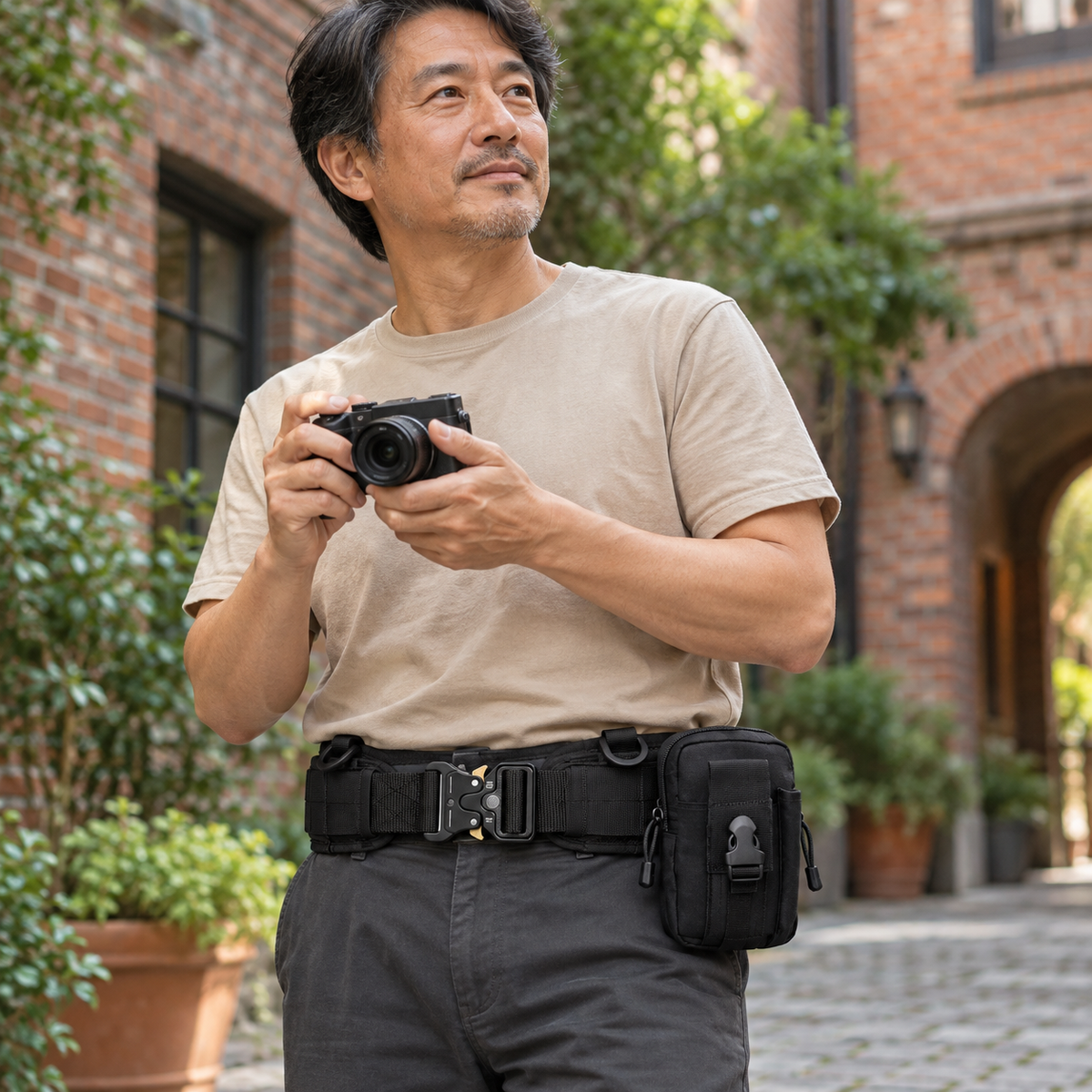 Adult man on a city photo walk wearing the black Phantom belt with one utility pouch.