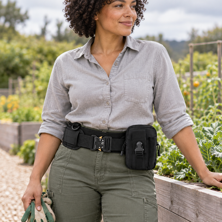 Adult woman beside a garden bed wearing the black Phantom belt and single closed utility pouch.