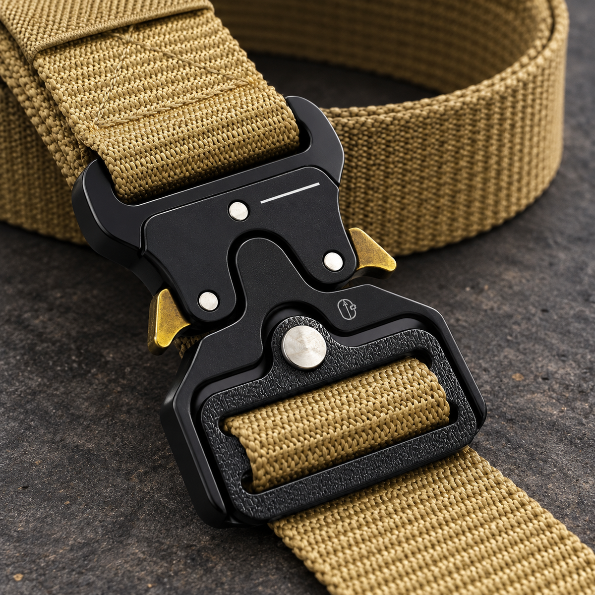 Khaki woven strap passing through the adjustment slots of the original black buckle.