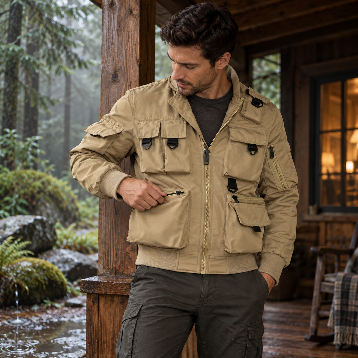 Adult man wearing the khaki Phantom Field Jacket on a covered cedar porch, with forest mist and small splashes outside the shelter.