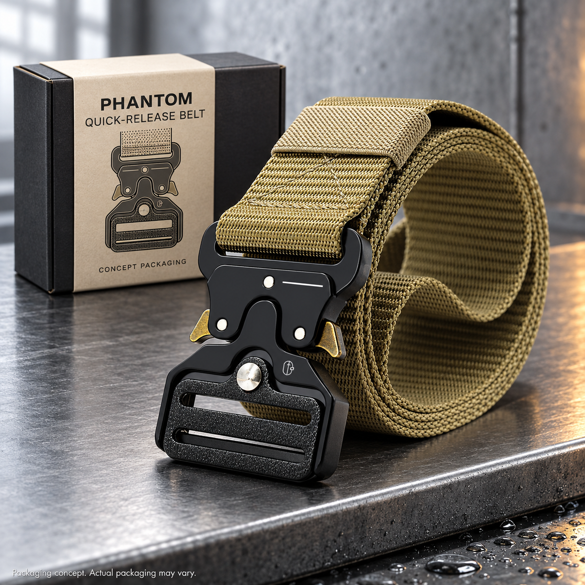 Khaki Phantom quick-release belt on a graphite bench beside a compact shallow concept box, with small splashes below the display.
