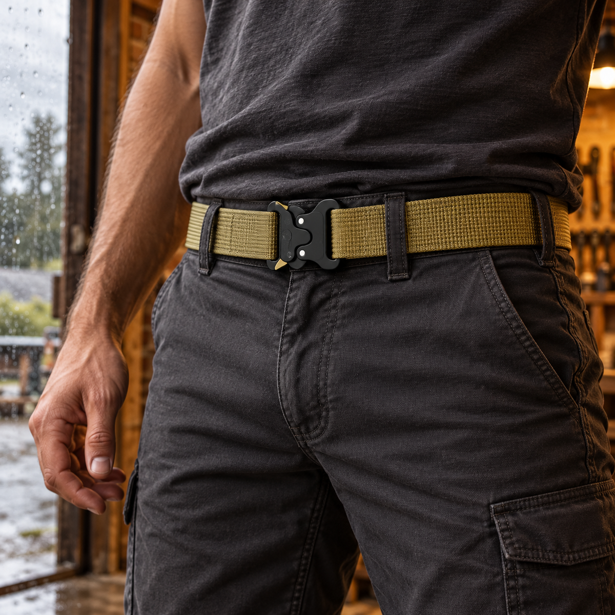 Close view of an adult wearing the khaki Phantom quick-release belt with charcoal pants in a sheltered workshop doorway.