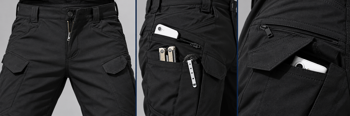 Detalles de los bolsillos y la bragueta de Black Hawk One, con pequeños accesorios junto a las aberturas.
