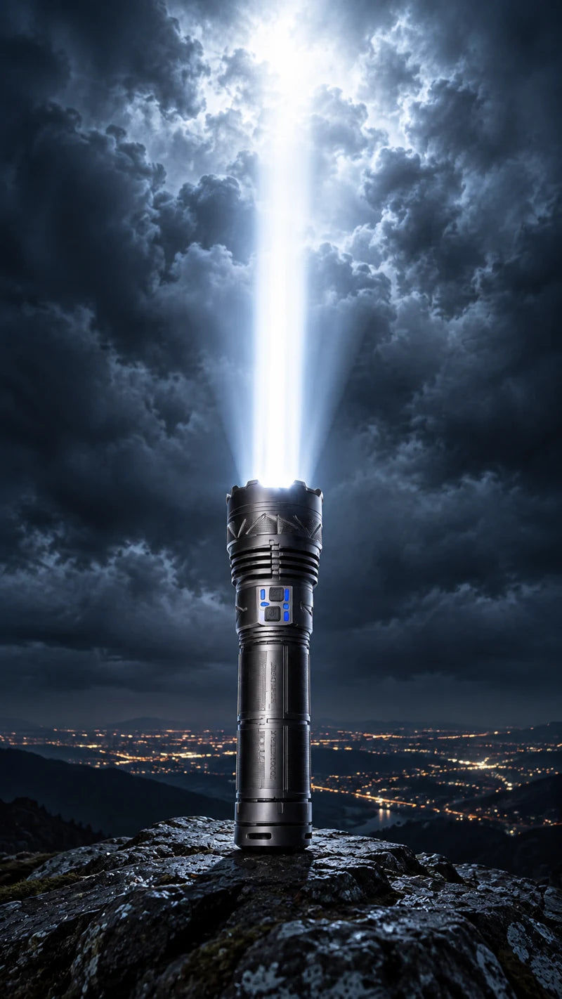 Linterna IRONCLAD que proyecta un haz de luz brillante hacia las nubes