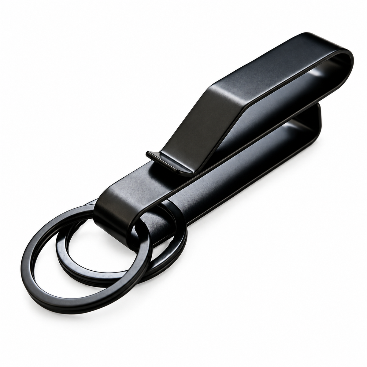Black Phantom belt clip with two overlapping key rings on a white background.