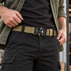Khaki Phantom belt worn through black cargo pants belt loops.