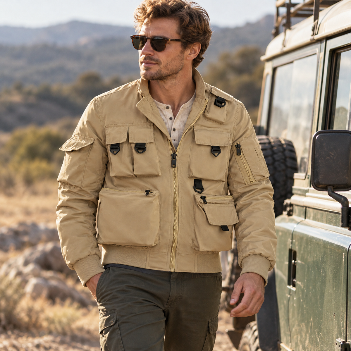 Adult man wearing the khaki Phantom Field Jacket outdoors beside a vehicle.