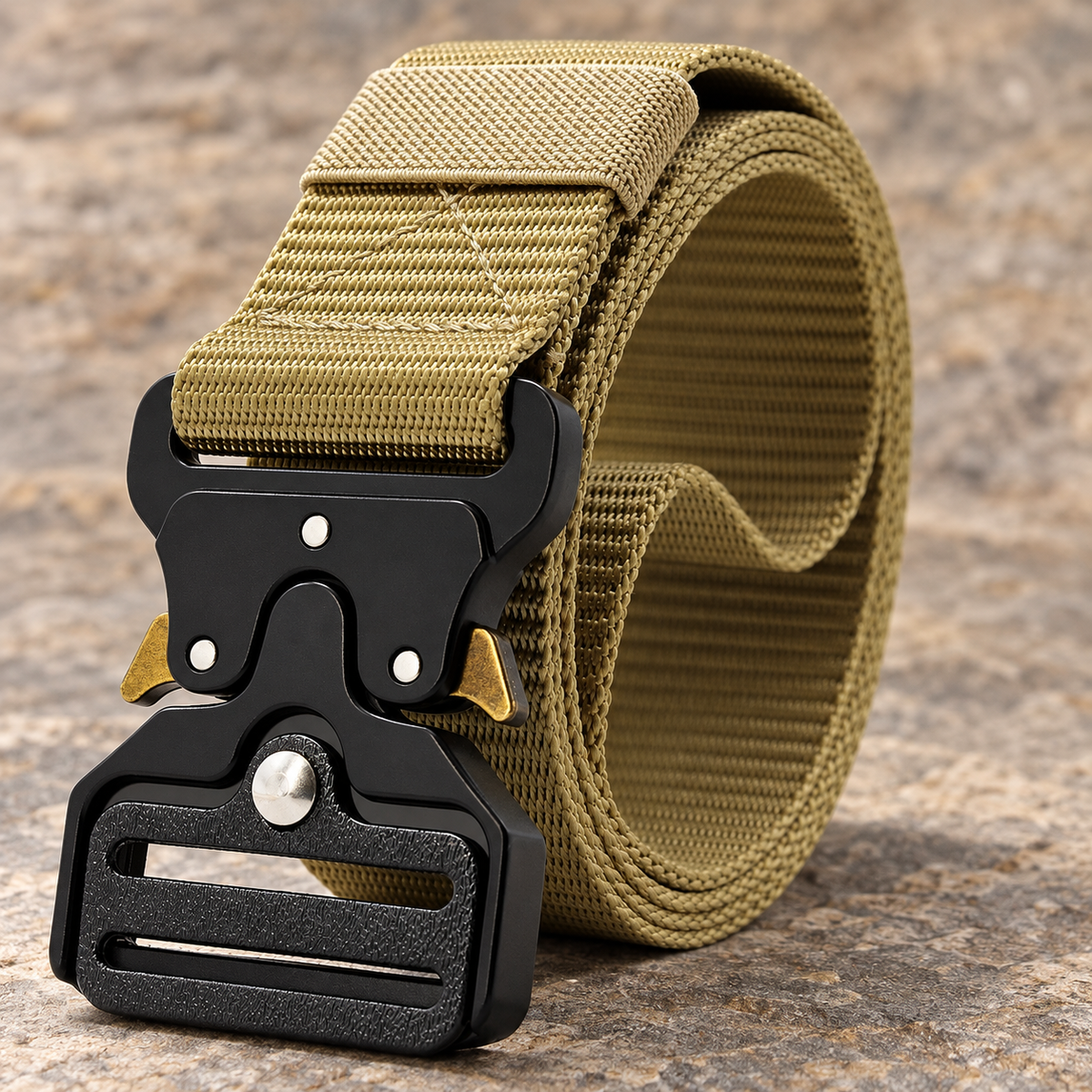 Details of the black quick-release buckle and khaki woven belt.