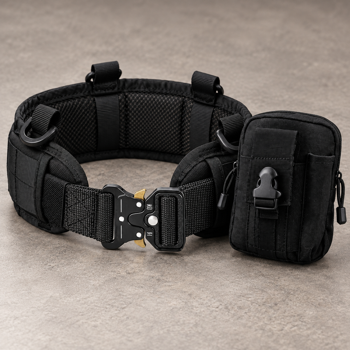 Close detail of the black Phantom Field Kit buckle, stitched webbing and single utility pouch; Belt + Pouch configuration