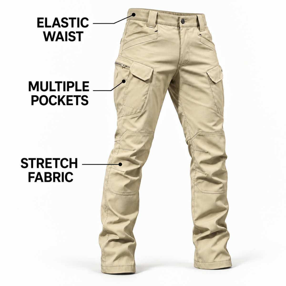 Phantom gallery3 — Phantom IX7 khaki pants with the labels Stretch Fabric, Elastic Waist and Multiple Pockets.