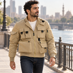 Adult man wearing the khaki Phantom Field Jacket while walking across a city footbridge.