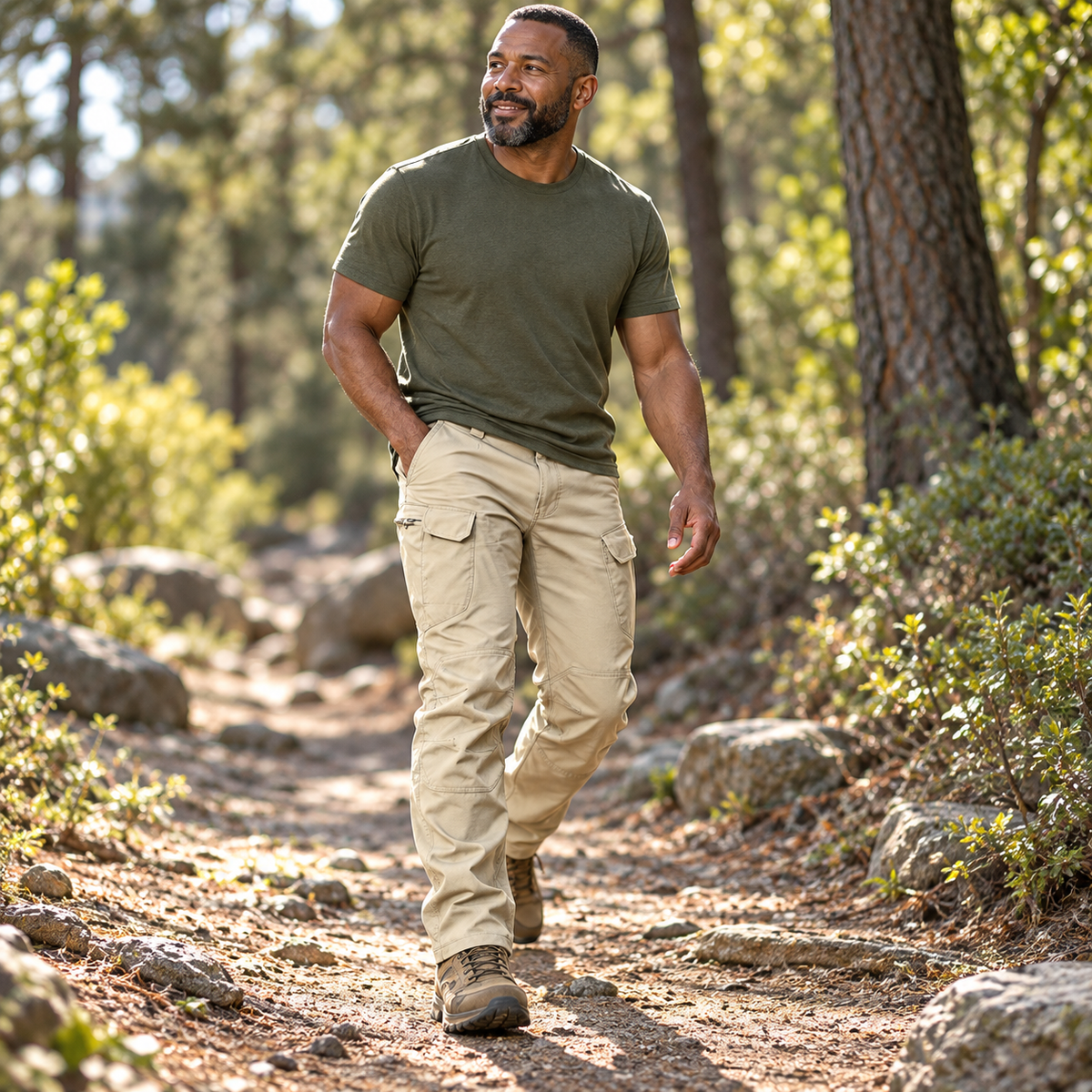 Phantom card trail — Adult man walking on a dry woodland trail in Phantom IX7 khaki cargo pants.