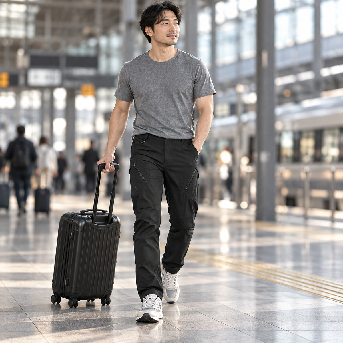 Phantom card travel — Adult traveler walking through a station wearing Phantom IX9 black pants beside a suitcase.