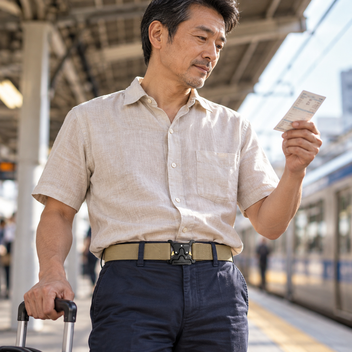Adult traveller wearing the khaki Phantom belt while waiting beside a suitcase on a train platform.