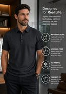 Hombre usando una camisa polo oscura junto a una lista de características del producto