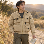 Adult man wearing the khaki Phantom jacket on a dry country path with a folded map.