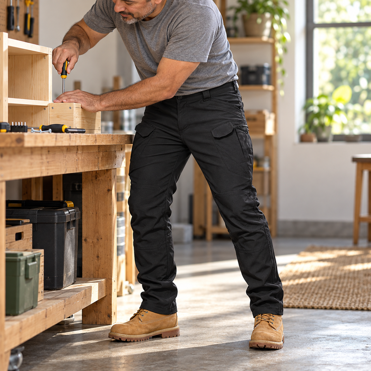Phantom card task — Adult man doing a small task at a home workbench while wearing Phantom IX7 black cargo pants.
