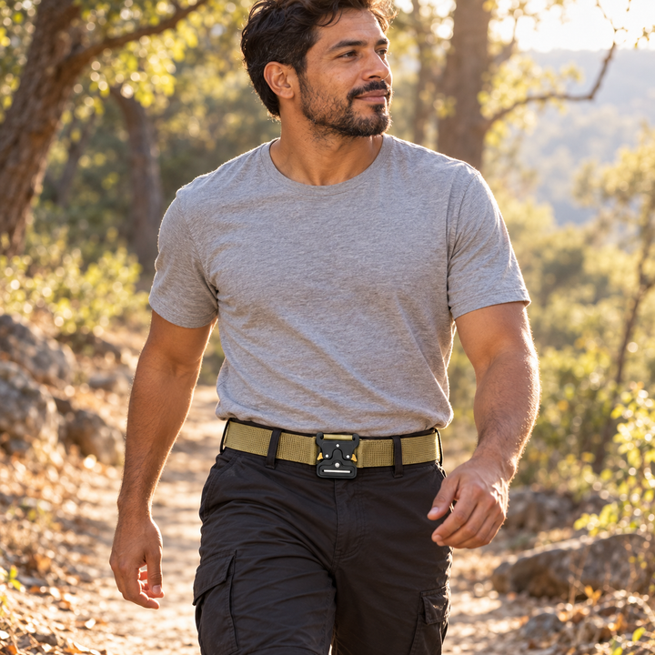 Adult man wearing the khaki Phantom woven belt on a light woodland walk.