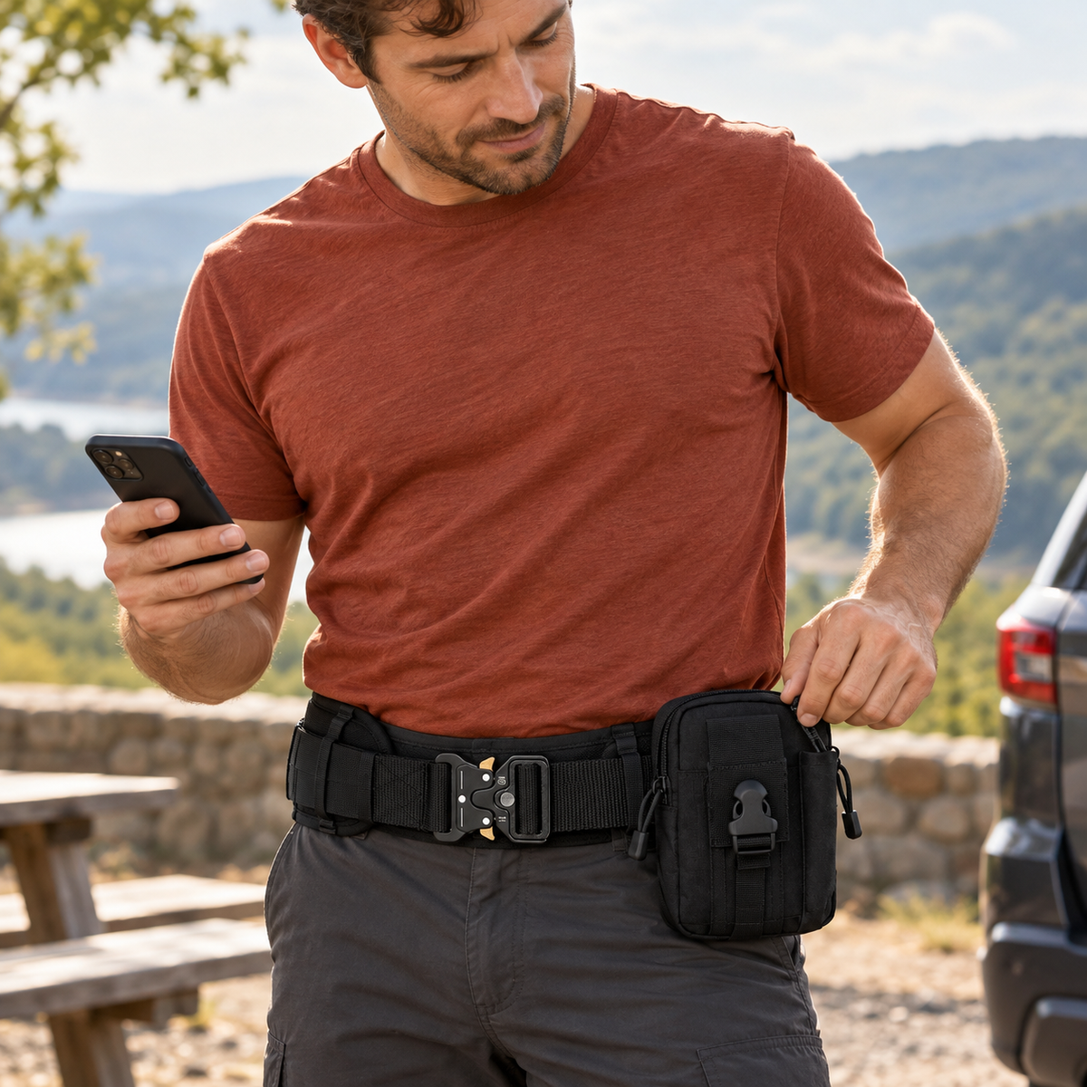 Adult traveller beside a parked car wearing the black Phantom belt and reaching toward its single utility pouch.