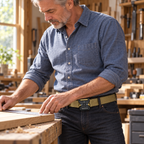 Adult man wearing the khaki Phantom belt while measuring a board at a home workbench.