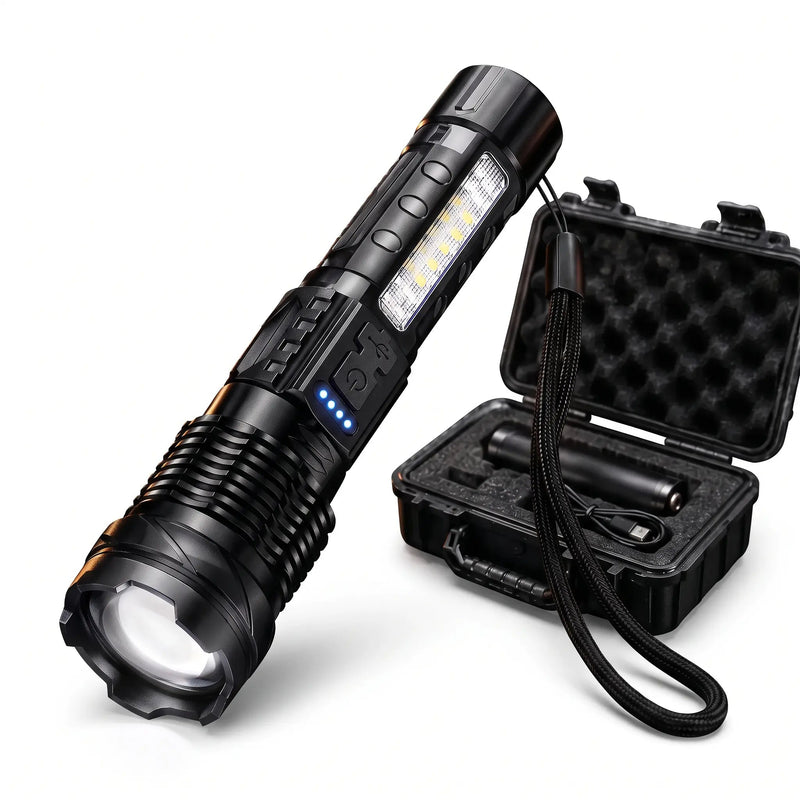 Linterna Titanium Laser Pro, cable y estuche abierto sobre un fondo blanco.