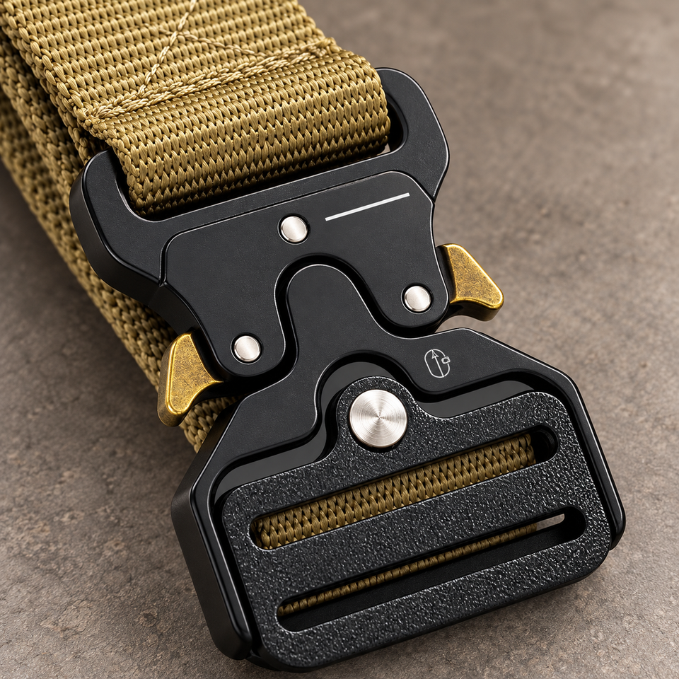 Close view of the black quick-release buckle and gold tabs on the khaki Phantom belt.