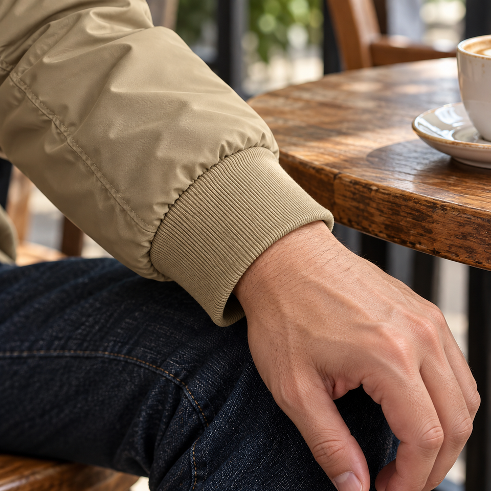 Phantom benefit cuffs — Close detail of a khaki Phantom jacket ribbed cuff worn on an adult wrist.