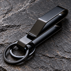 Side profile of the folded black Phantom stainless-steel belt clip and its two rings.