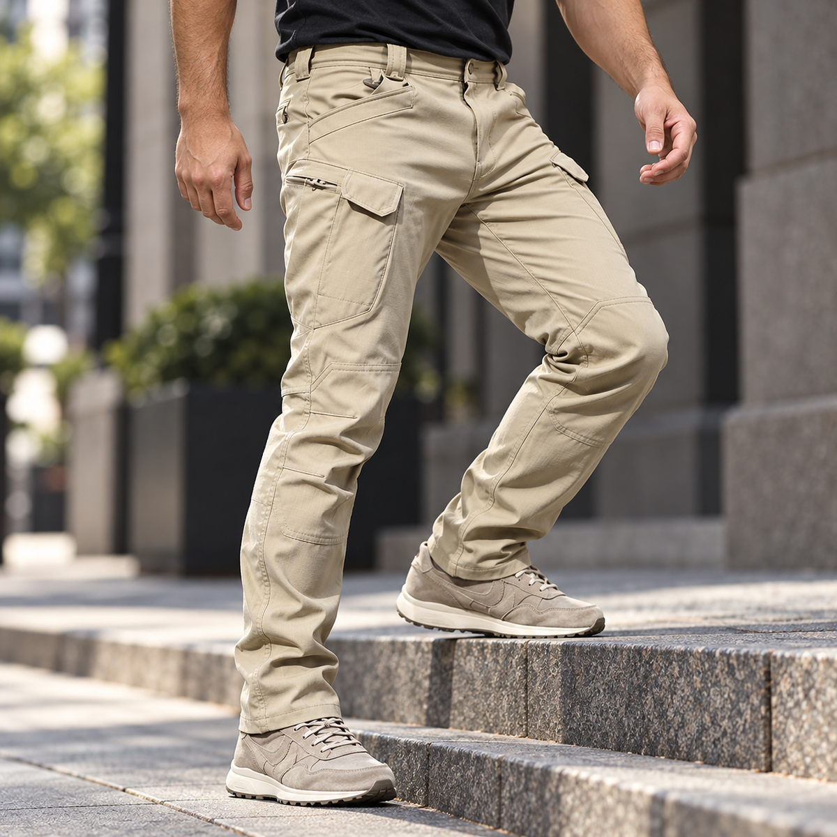 Phantom benefit stretch — Phantom IX7 khaki pants bending naturally at the knee as an adult man steps onto a low city stair.