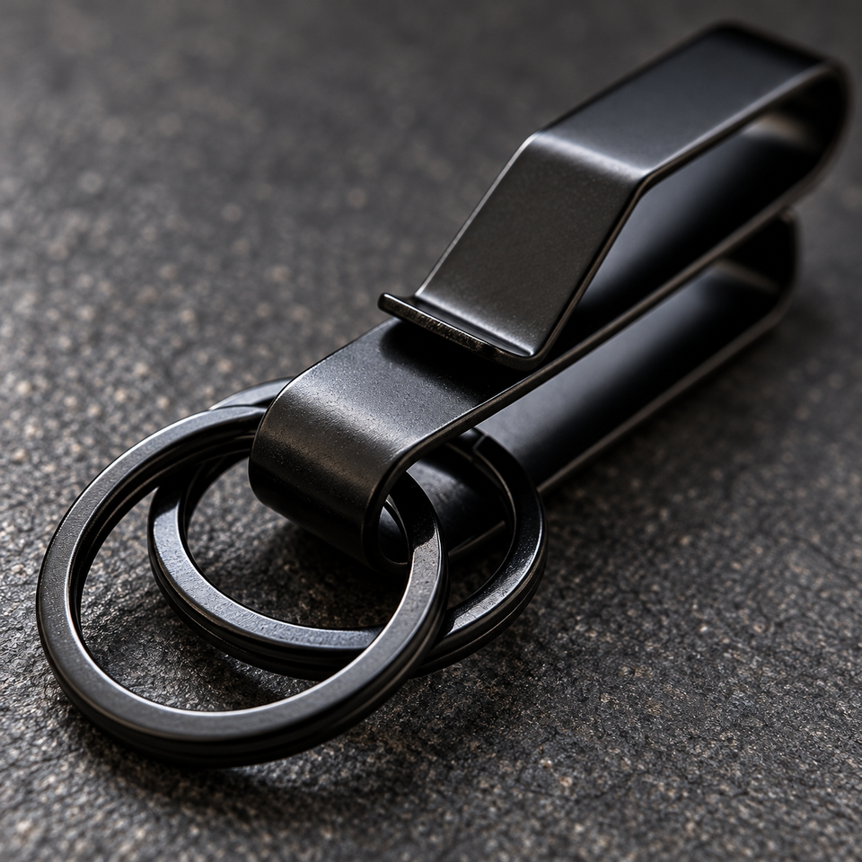 Close view of the two overlapping rings on the black Phantom belt clip.