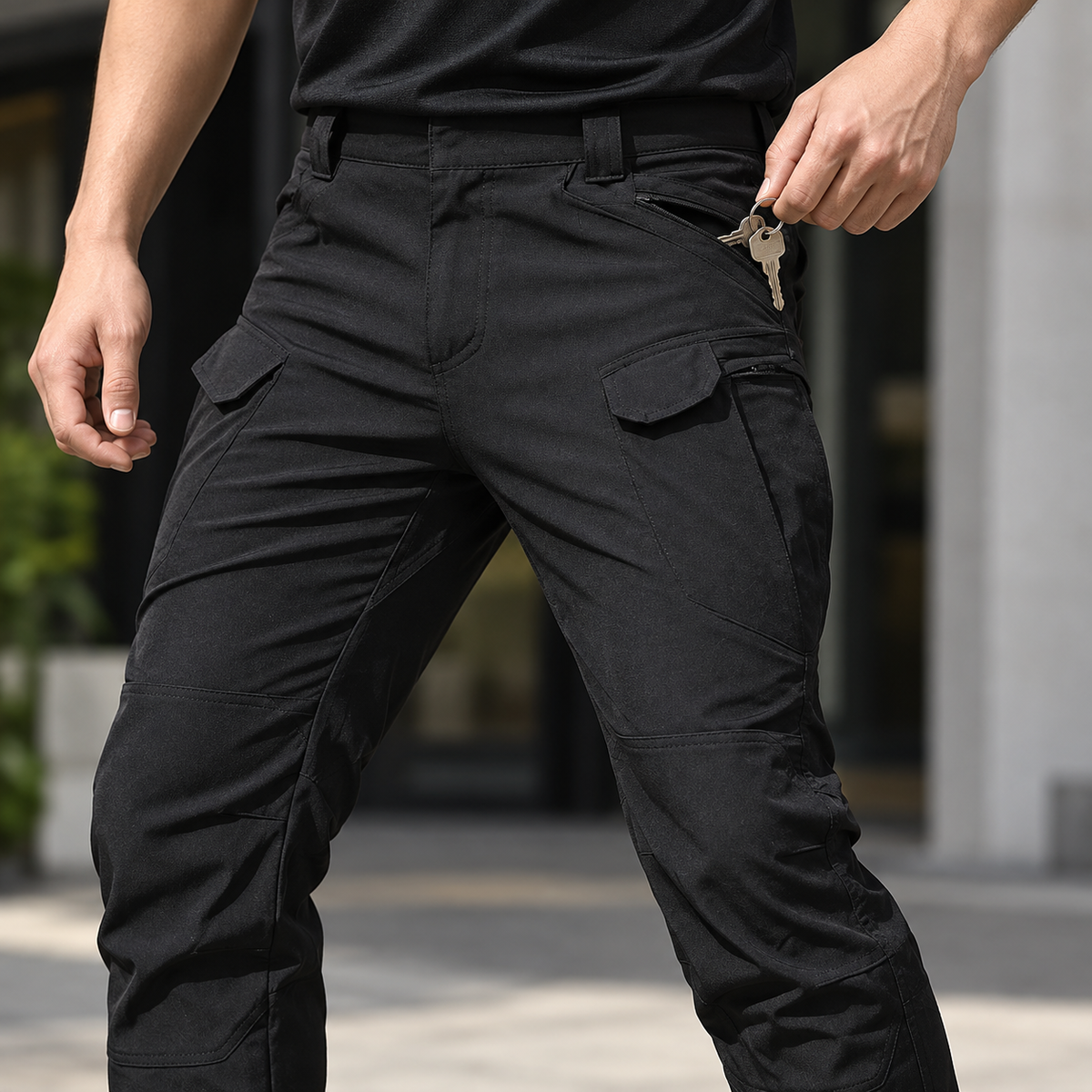 Phantom benefit pockets — Close view of an adult hand taking keys from a real pocket of Phantom IX7 black cargo pants.