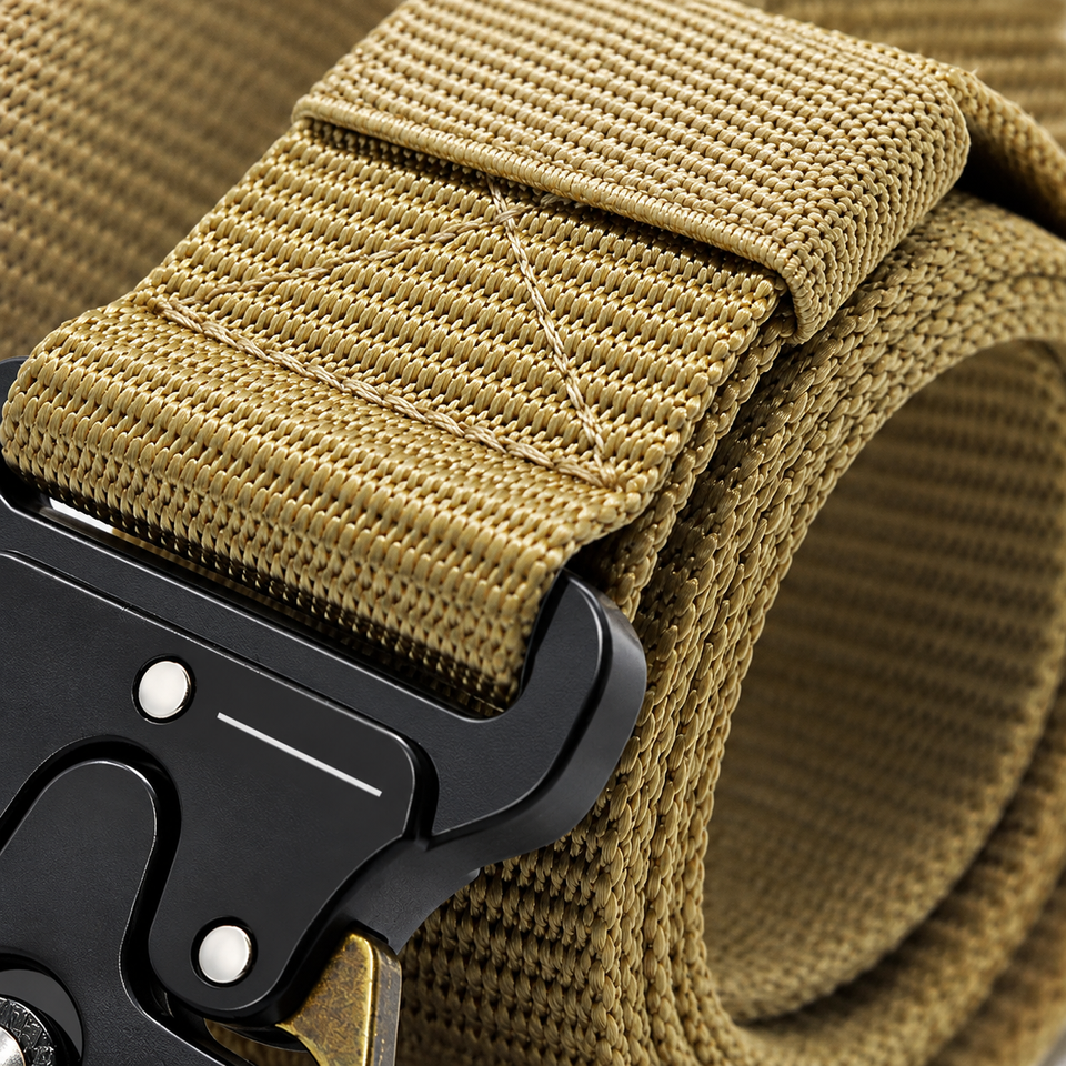 Close view of the khaki Phantom belt's woven texture and stitching.