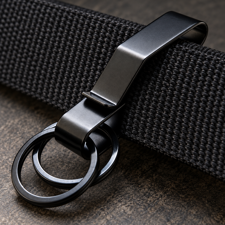 Black Phantom belt clip slipped over a plain woven belt.