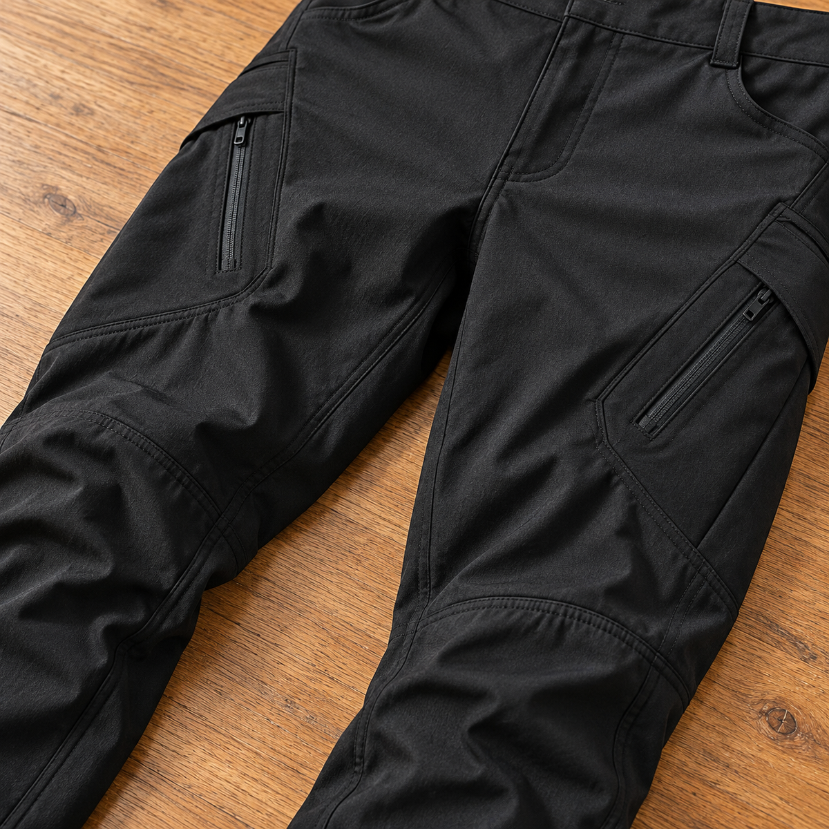 Phantom benefit cargo — Detail photograph of the diagonal zippered thigh pocket and stitched panels of Phantom IX9 black pants.