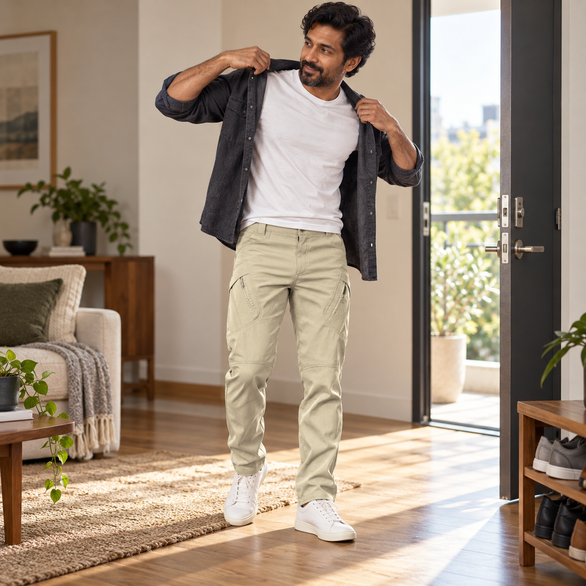 Phantom benefit casual — Adult man wearing Phantom IX9 khaki pants with a casual overshirt and sneakers in a relaxed everyday setting.