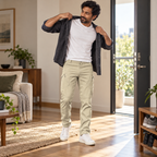 Phantom benefit casual — Adult man wearing Phantom IX9 khaki pants with a casual overshirt and sneakers in a relaxed everyday setting.