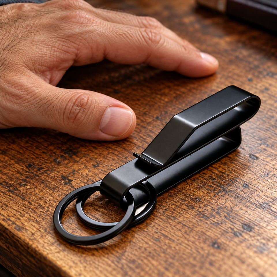 Compact black Phantom belt clip shown beside an adult hand for scale.