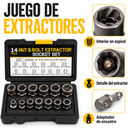 Juego de extractores en estuche negro y amarillo, con detalle del interior en espiral y el adaptador.