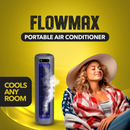 Gráfico promocional FlowMax con una mujer sentada y el enfriador