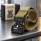 Khaki Phantom quick-release belt on a graphite bench beside a compact shallow concept box, with small splashes below the display.