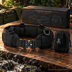 Black Phantom MOLLE belt and pouch on a walnut workbench, with a low concept box and small splashes at the foreground edge.
