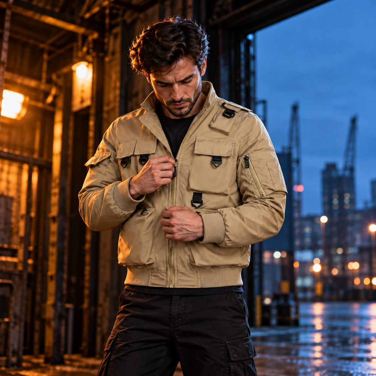 Adult man wearing the khaki Phantom Field Jacket in a dry sheltered evening setting.