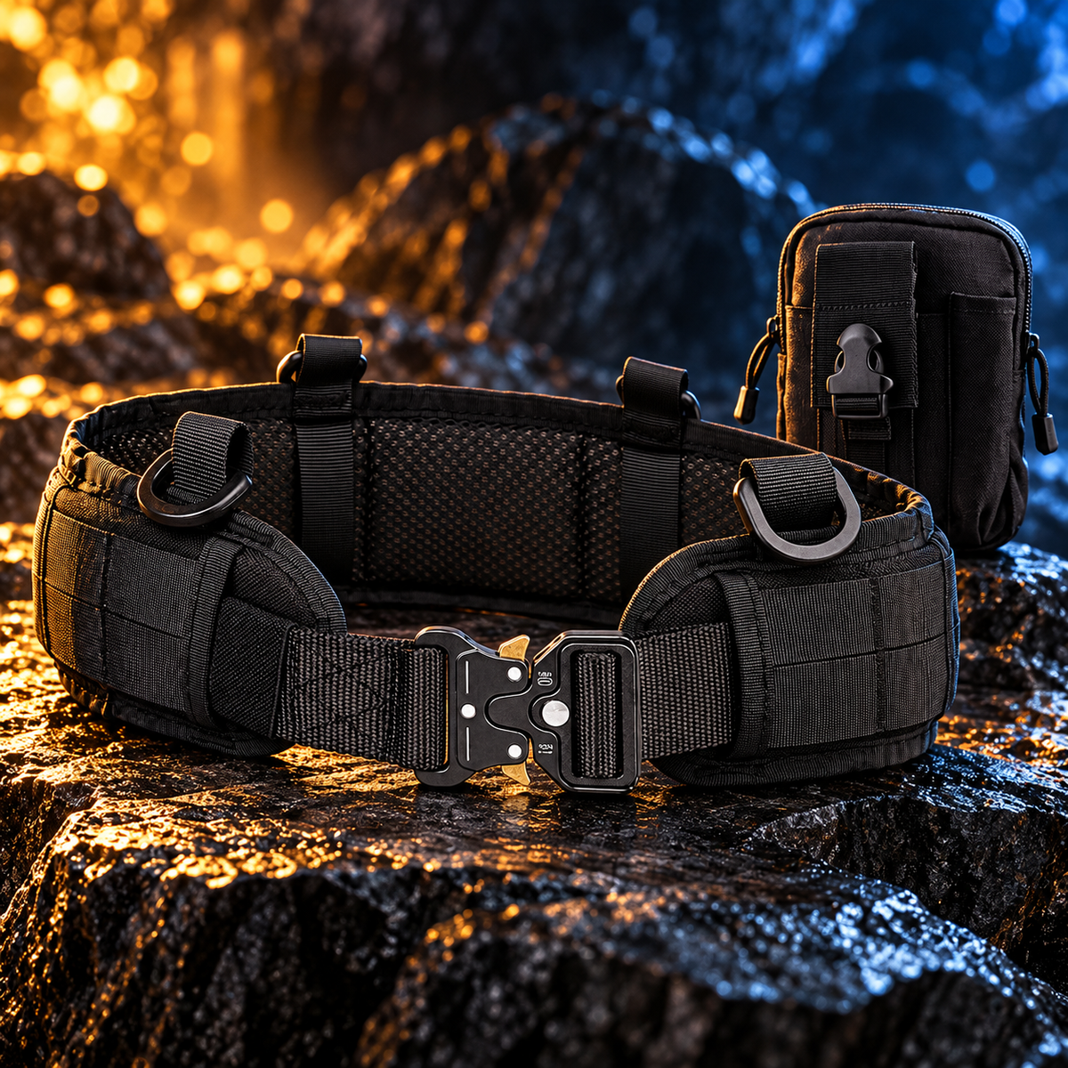 Black Phantom MOLLE belt and matching utility pouch in a cinematic stone setting.