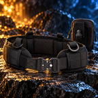 Black Phantom MOLLE belt and matching utility pouch in a cinematic stone setting.