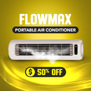 Gráfico promocional del enfriador de aire FlowMax sobre fondo amarillo