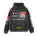 Sudadera negra de carreras inspirada en Senna con gráficos en el pecho y las mangas
