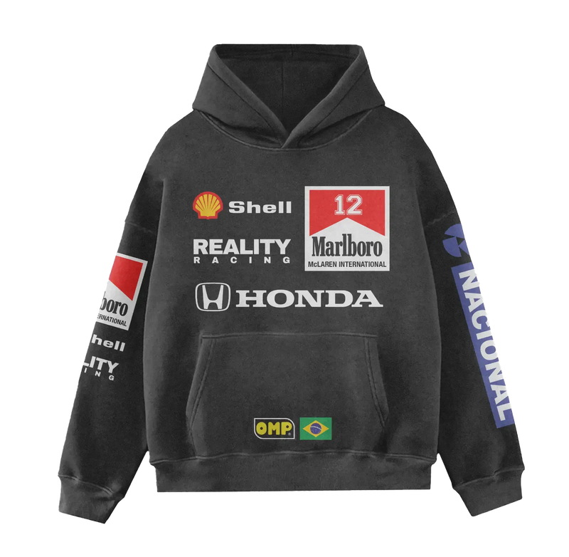 Sudadera negra de carreras inspirada en Senna con gráficos en el pecho y las mangas