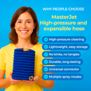 Mujer sosteniendo una manguera azul Master Jet enrollada junto a una lista de funciones
