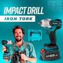 Gráfico promocional de la herramienta inalámbrica de impacto IronTork con batería y estuche